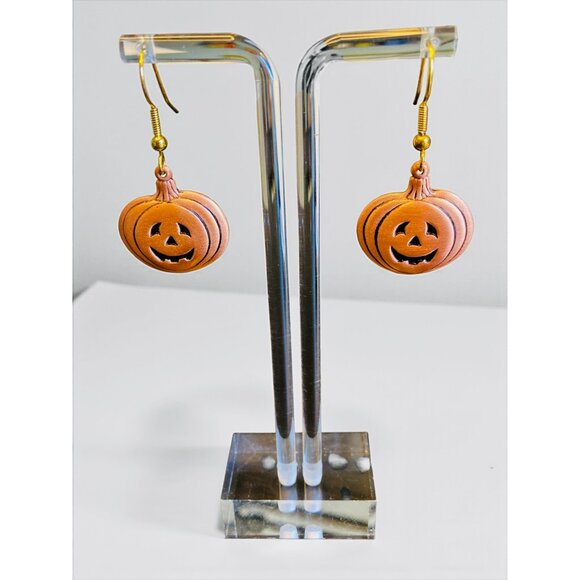 Jack-O-Lantern Pumpkin Halloween Earrings With Bronze Hooks -194 - Picture 1 of 2